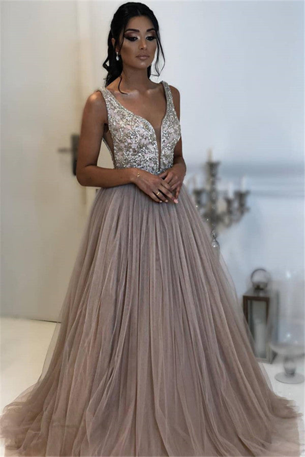 Gorgeous V-Neck Sleeveless Evening Gowns | Straps A-Line Appliques Prom Dresses