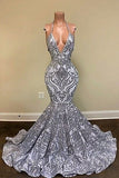 Gorgeous V-Neck Sleeveless Mermaid Prom Dress Silver Sequins