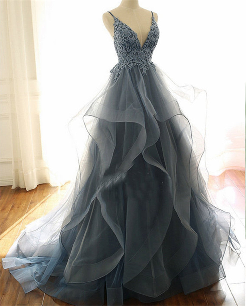 Gorgeous V Neck Spaghetti Straps Dark Blue Prom Dress With Ruffles