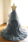 Gorgeous V Neck Spaghetti Straps Dark Blue Prom Dress With Ruffles