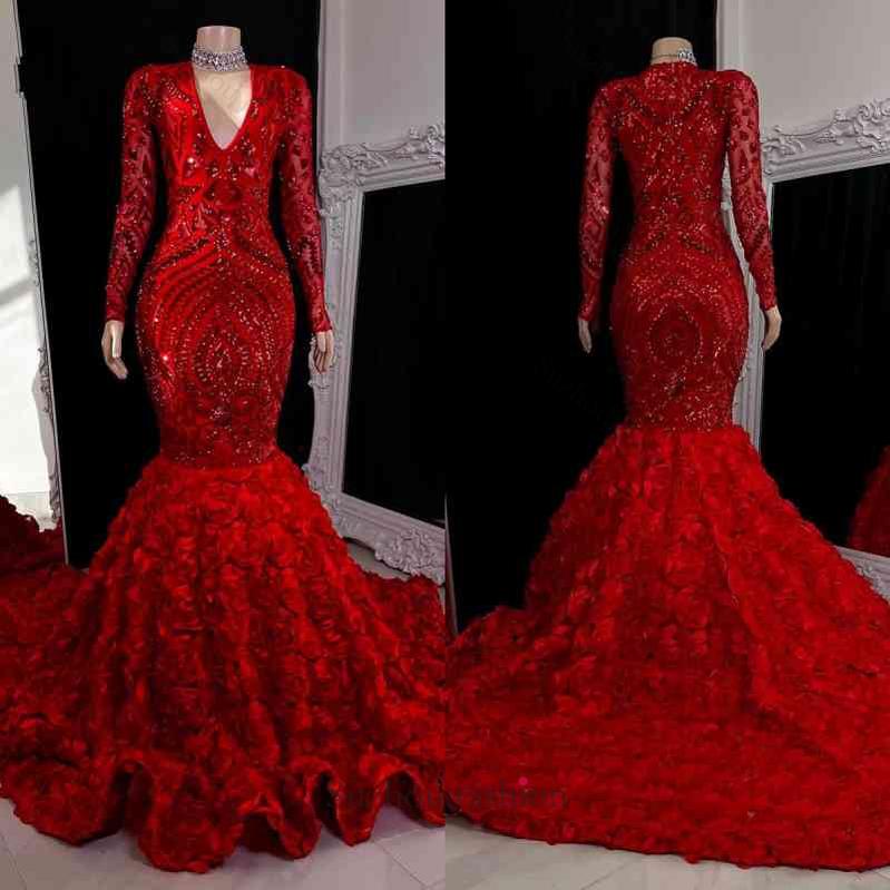 Gorgeous V-neck Lace Prom Dress With Long Sleeves Long Red Mermaid