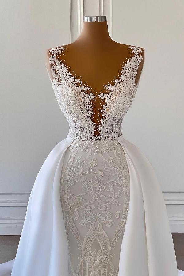 Gorgeous V-neck Sleeveless A-line Wedding Dress With Detachable Train