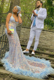 Gorgeous V-neck Spaghetti Straps Appliques Lace Floor-length Mermaid Prom Dresses