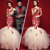 Gorgeous Wedding Dresses V Neck Sleeveless Mermaid Red And White Lace Appliques Floor Length Bridal Gowns