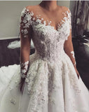 Gorgeous White 3D Floral Lace Wedding Dress Jewel Neck Tulle Aline Bridal Dress with Long Sleeves