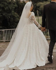 Gorgeous White Aline Ball Gown Long Sleeves 3D Floral Lace Crew Neck Wedding Dress