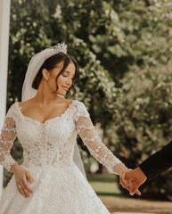 Gorgeous White Aline Ball Gown Long Sleeves 3D Floral Lace Crew Neck Wedding Dress