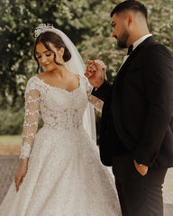 Gorgeous White Aline Ball Gown Long Sleeves 3D Floral Lace Crew Neck Wedding Dress