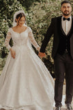Gorgeous White Aline Ball Gown Long Sleeves 3D Floral Lace Crew Neck Wedding Dress