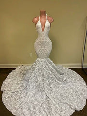 Gorgeous White V-Neck Sleeveless Prom Dress Mermaid Lace Bottom Flowers