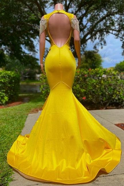 Gorgeous Yellow Tassel Off-The-Shoulder Beading Prom Dresses with Ruffles