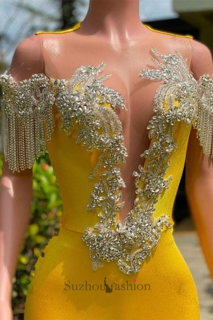 Gorgeous Yellow Tassel Off-The-Shoulder Beading Prom Dresses with Ruffles