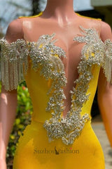 Gorgeous Yellow Tassel Off-The-Shoulder Beading Prom Dresses with Ruffles