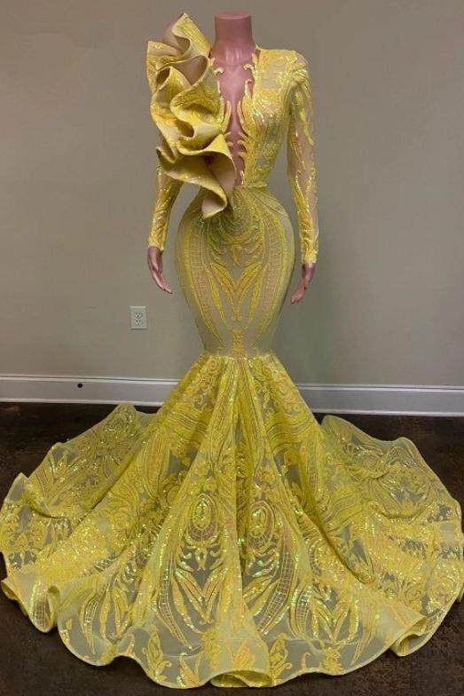 Gorgeous Yellow V-neck Long Sleeve Floor-length Mermaid Prom Dresses