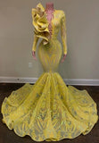 Gorgeous Yellow V-neck Long Sleeve Floor-length Mermaid Prom Dresses
