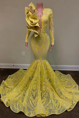 Gorgeous Yellow V-neck Long Sleeve Floor-length Mermaid Prom Dresses
