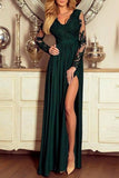 Graceful Long Sleeves Satin Dark Green Ruffles Lace Split Prom Dresses