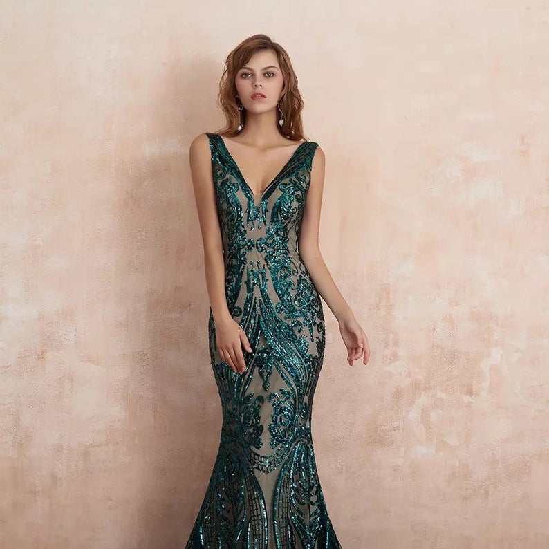 Graceful Sleeveless V Neck Jade Green Appliques Prom Dresses Mermaid Evening Dresses