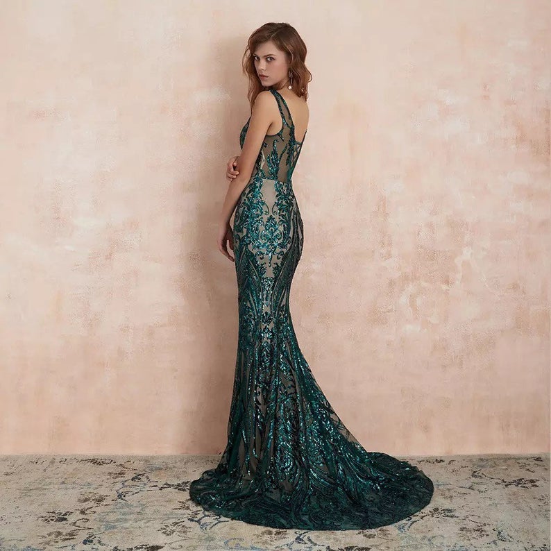 Graceful Sleeveless V Neck Jade Green Appliques Prom Dresses Mermaid Evening Dresses