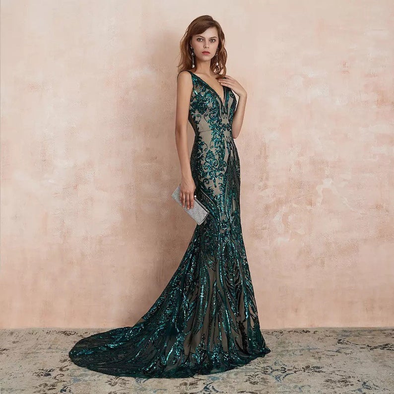 Graceful Sleeveless V Neck Jade Green Appliques Prom Dresses Mermaid Evening Dresses