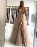 Graceful Tulle Sleeveless Beading Front-Split A-Line Prom Dresses