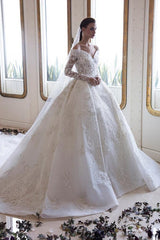Graceful V Neck White Satin Long Sleeves Wedding Dresses With Lace Appliques