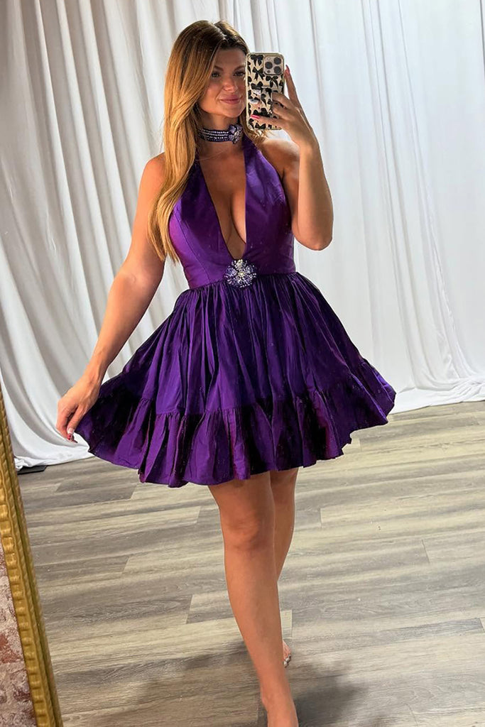 Suzhoufashion Grape Halter Ruffled Homecoming Dresses Short Cocktail Dresses with Rhinestone