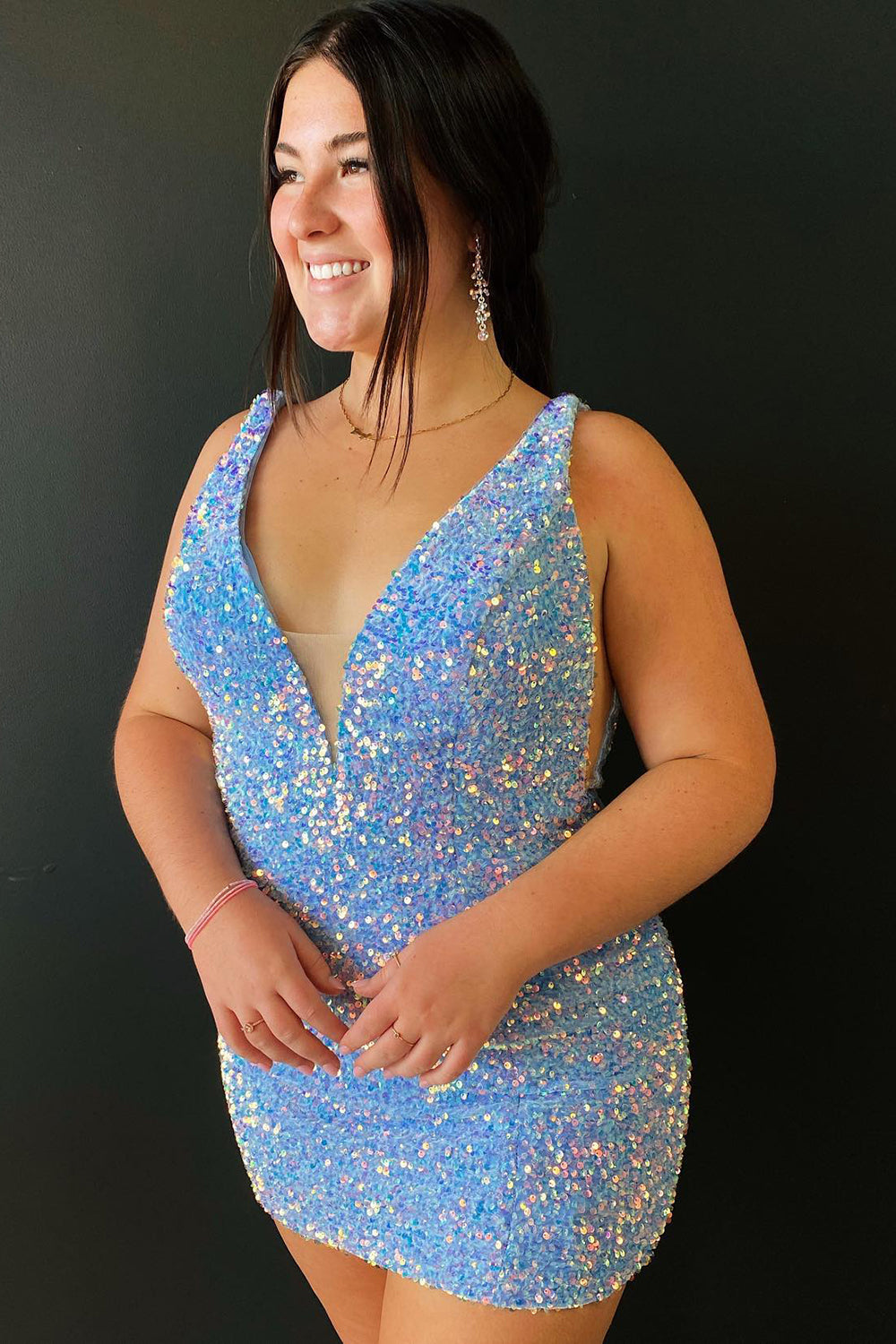 Grape Sequin Prom Dress with Open Back