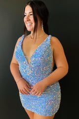 Grape Sequin Tight Short Cocktail Dresses with Open Back