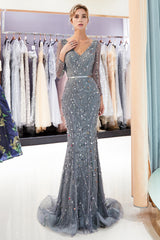 Gray V-Neck Mermaid Evening Dresses with Long Sleeves | Sexy Mermaid Prom Dresses