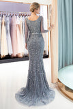 Gray V-Neck Mermaid Evening Dresses with Long Sleeves | Sexy Mermaid Prom Dresses