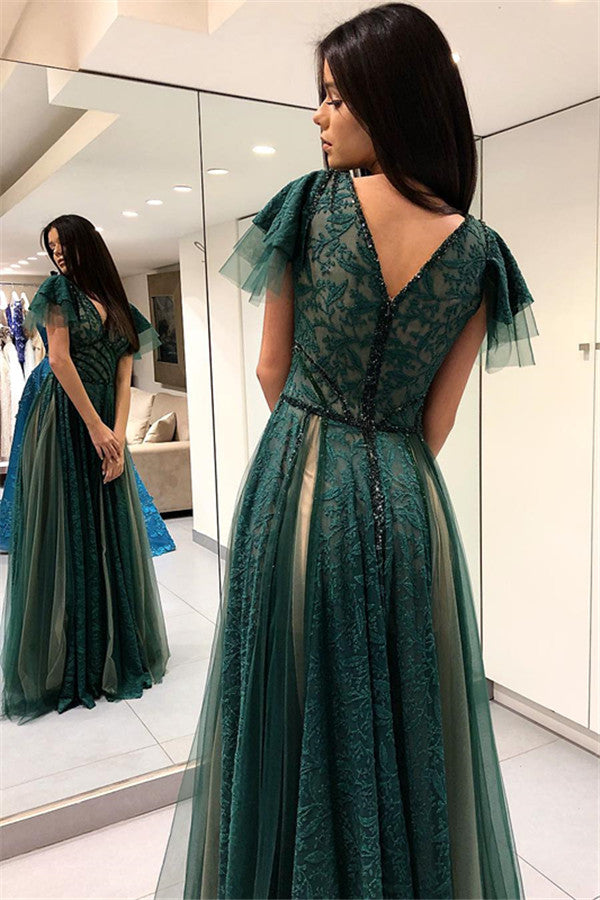 Green A-line Short Sleeves Prom Dresses | V-Neck Lace Prom Dresses