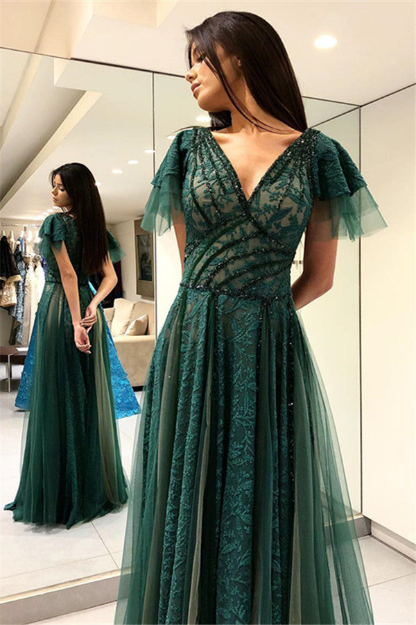 Green A-line Short Sleeves Prom Dresses | V-Neck Lace Prom Dresses