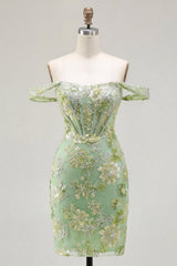 Green Floral Off-the-Shoulder Corset Tight Short Homecoming Dress