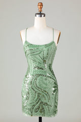 Green Homecoming Dress Beaded Backless Tight Sequin Short Prom Dress