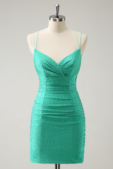 Green Homecoming Dresses Beaded Spaghetti Straps Tight Short Cocktail Dresses