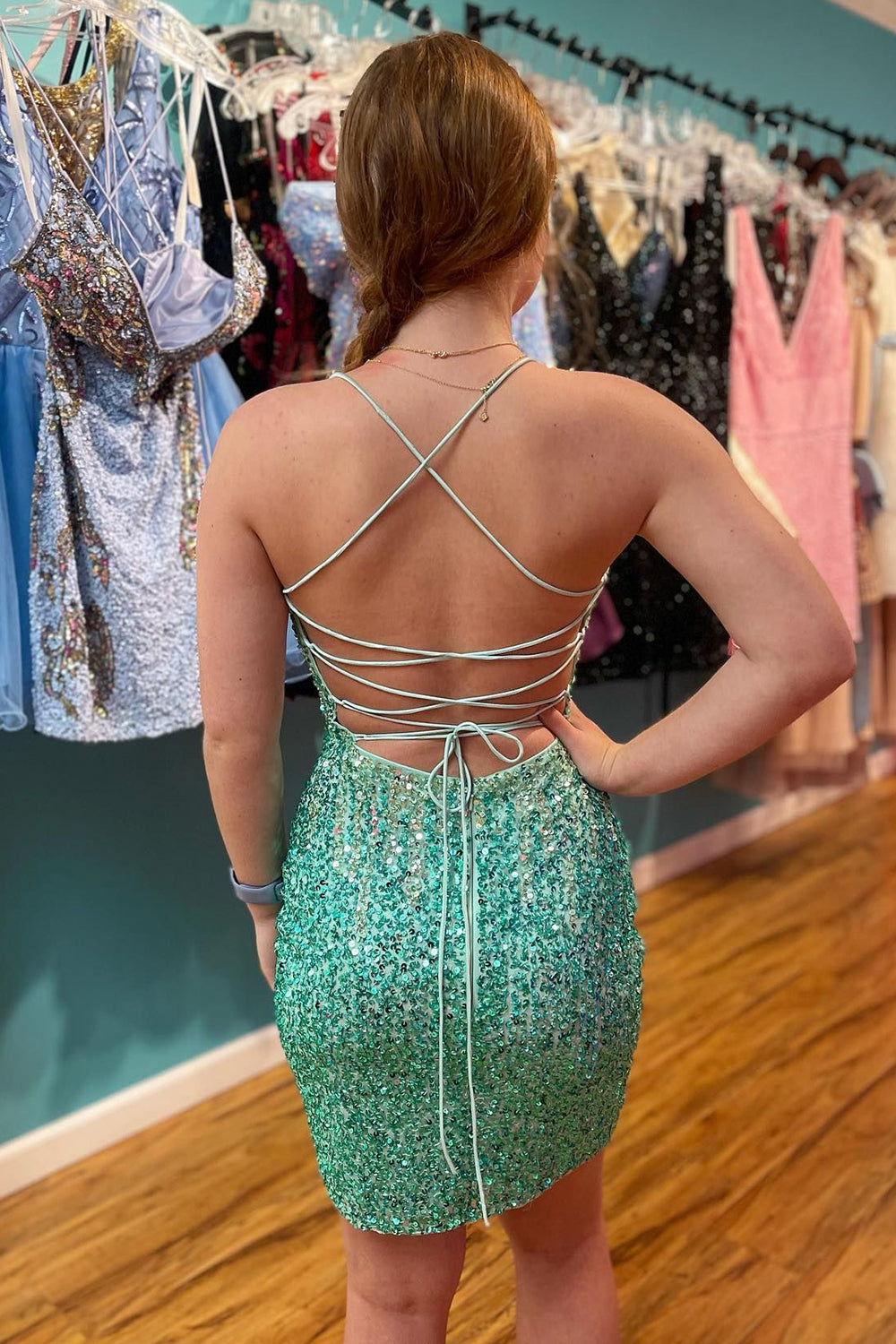 Green Homecoming Dresses Sequin Lace-Up Back Tight Prom Dress