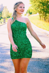 Green Homecoming Dresses Sequin One Shoulder Tight Prom Dress