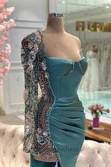 Green Prom Dress Mermaid Strapless One Shoulder Beaded Satin Slit Formal Dress