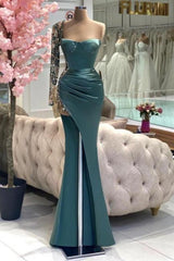 Green Prom Dress Mermaid Strapless One Shoulder Beaded Satin Slit Formal Dress