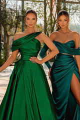 Green Prom Dress One Shoulder Satin Sleeveless Evening Formal Dress With High Split