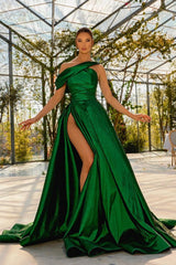 Green Prom Dress One Shoulder Satin Sleeveless Evening Formal Dress With High Split