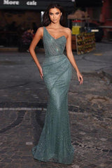 Green Prom Dress One Shoulder Sleeveless Mermaid Princess Evening Formal Dress With Sequined