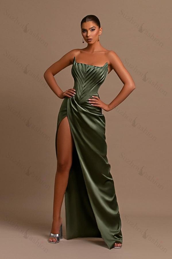 Green Prom Dress Sleeveless Strapless Mermaid Split Evening Formal Dress With Pleated