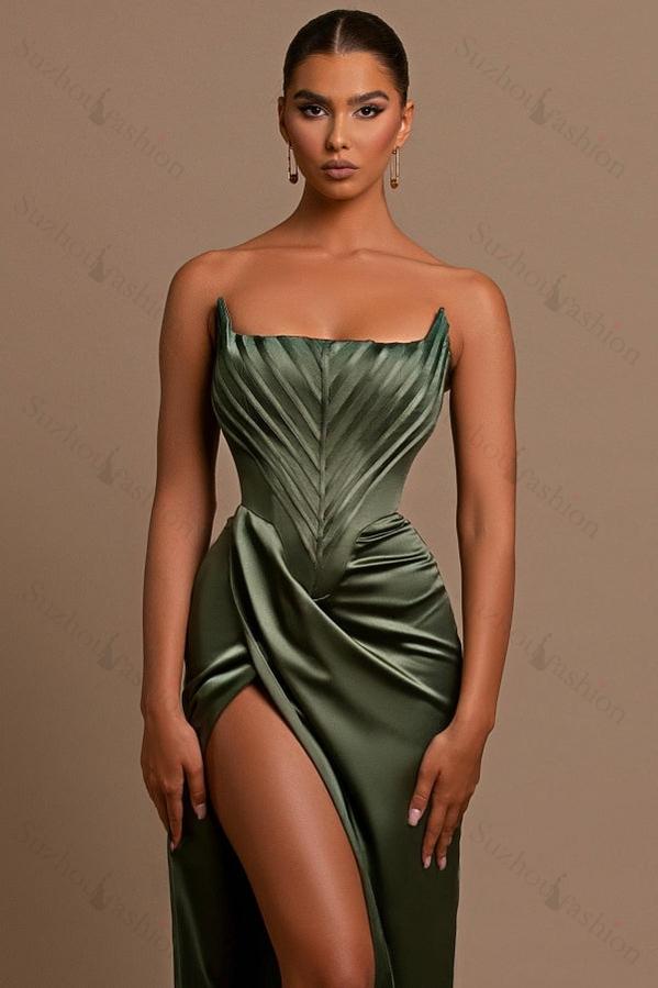 Green Prom Dress Sleeveless Strapless Mermaid Split Evening Formal Dress With Pleated