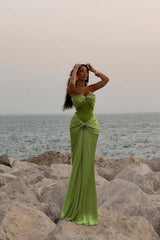 Suzhoufashion Green Ruched Bodice Mermaid Draped Maxi Prom Dress With Rosette Detail Formal Evening Gown