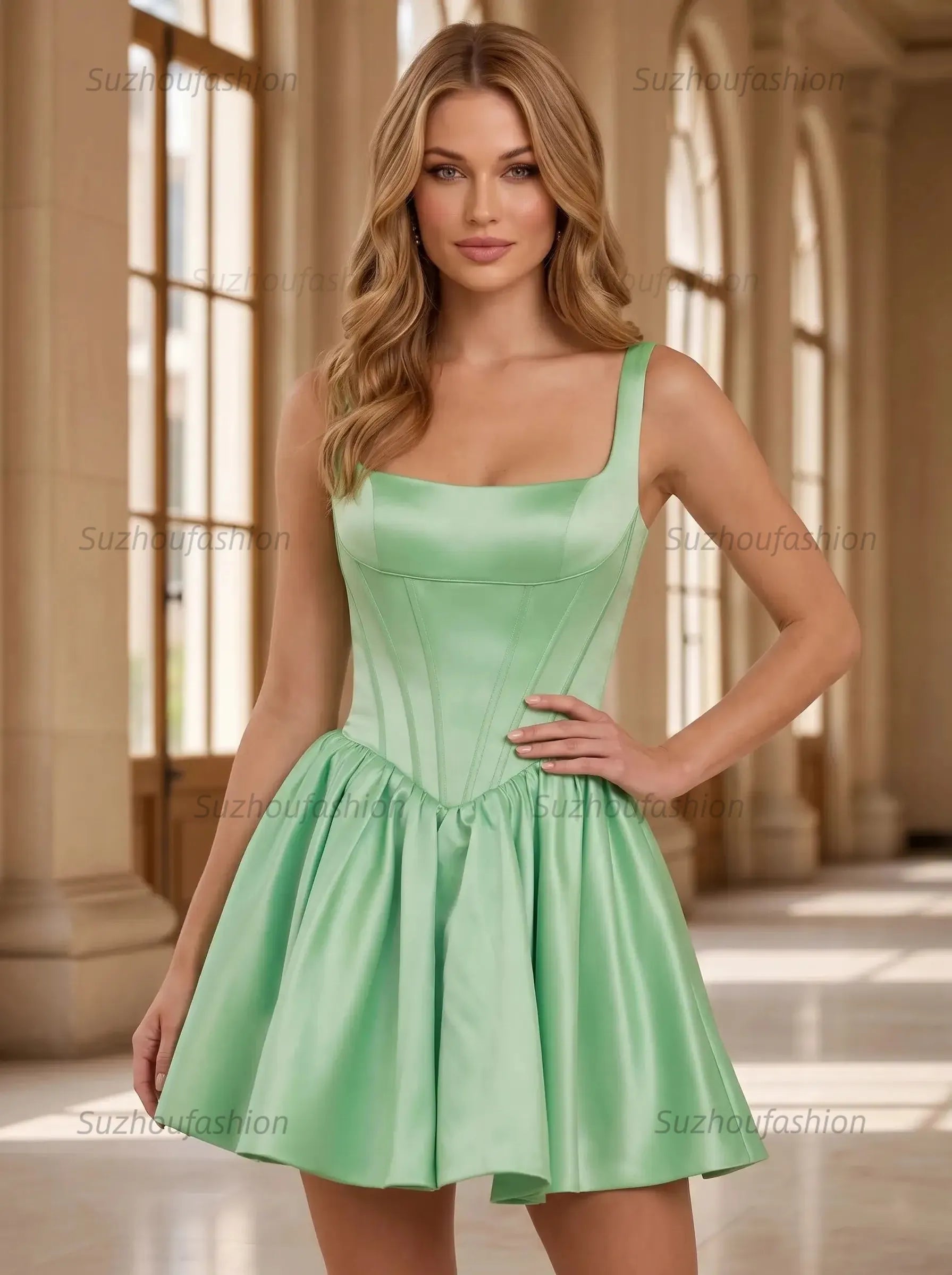 Green Satin A-Line Square Neck Sleeveless Short Homecoming Dress