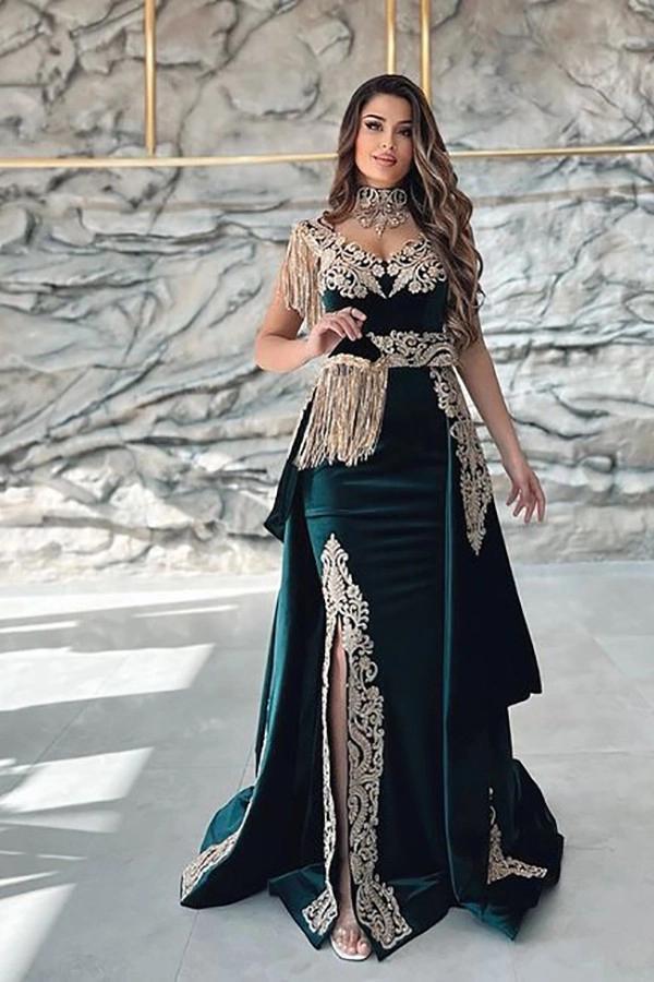 Suzhoufashion Women Green Velvet Christmas Dress V Neck Formal Dress with Lace Appliques