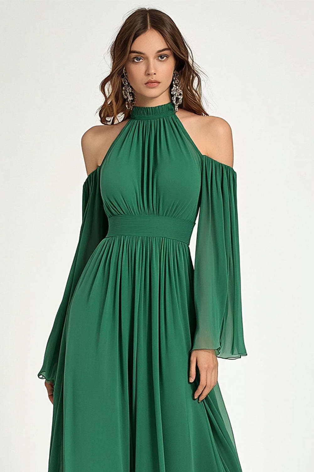 Suzhoufashion Green Wedding Guest Dress A Line Cold Shoulder Halter Long Formal Dress Suzhoufashion Green Wedding Guest Dress A Line Cold Shoulder Halter Long Formal Dress