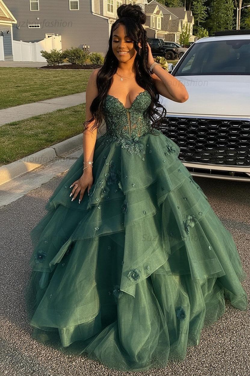 Suzhoufashion Sage Prom Dress Floral Tiered Ruffles A-Line Sweetheart Corset Long Formal Dress, Sage Suzhoufashion Sage Prom Dress Floral Tiered Ruffles A-Line Sweetheart Corset Long Formal Dress, Sage